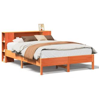 Berkfield Home Bookcase Bed Frame Wax Brown 135x190 cm Double Solid Wood Pine