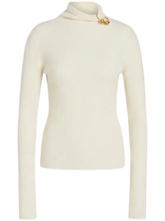 Alberta Ferretti Fitted Creamy Knit Sweater with Decorative Gold Buttons