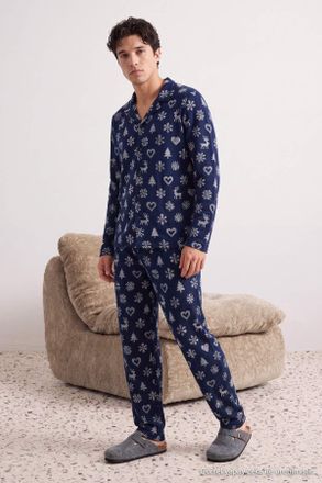 Trendyol MAN Heren Donkerblauw Kerst- Lang, Regular fit Pyjama- Sets