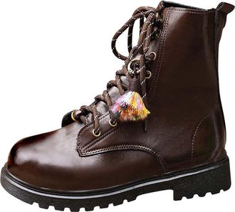 Generic Coffee Womens Fashionable and Casual Winter High Top Warm Flat Bottom British Style Front Tie Thick Heel Knight Boots for Fashion