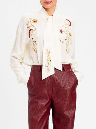 Twin-Set Long-Sleeved Viscose Blouse with Embroidery and Pussy-Bow Collar