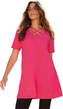 Roaman's Ultimate Lattice Neck Short Sleeve Tunic in Vivid Pink at Nordstrom, Size 12