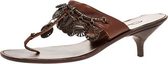 Oscar De La Renta Oscar De La Renta Brown Leather Charm Embellished Kitten Heel Sandals