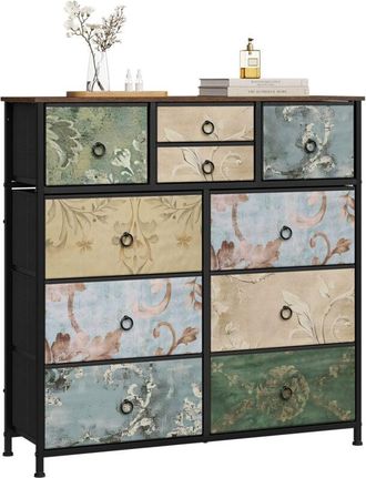 Woltu 10 Drawer Chest of Drawers Bedroom Storage Furniture, Rustic Brown+Black+Retro Flower Pattern