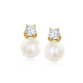 Ross-Simons Italian 10.5-11mm Cultured Pearl and CZ Drop Earrings in 18kt Gold Over Sterling