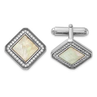 Diamond2Deal Sterling Silver Rhodium-plated Cubic Zirconia and Mother of Pearl Square Cuff Links
