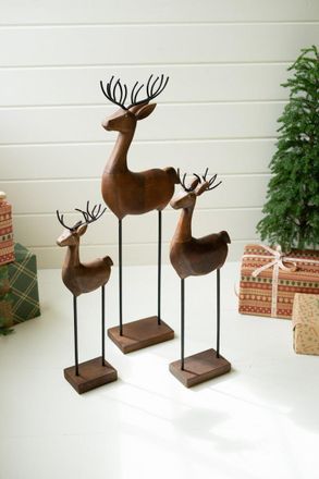 Kalalou Set Of Three Carved Wood And Iron Reindeer On Bases