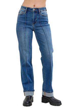 Judy Blue Knox High Waist Cuffed Straight Jean In Medium Blue