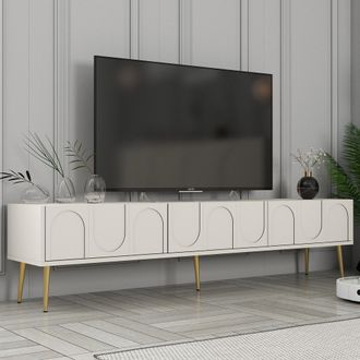 Dmora Mueble Tv Marnate, 3 Puertas, Apertura Abatible, 3 Compartimentos, 180x35x43h Cm, Blanco Crema