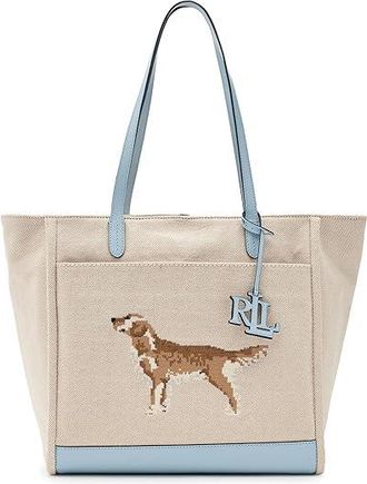Lauren Ralph Lauren Dog-embroidered Large Cameryn Tote Bag Tote Handbags Natural/Buff Canvas/Alpine Blue, Leather