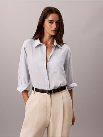 Calvin Klein Womens Lyocell Roll Tab Button-Down Shirt - Blue - XS
