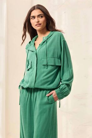 Tribal Lightweight Linen Button-Front Hooded Jacket In Grass