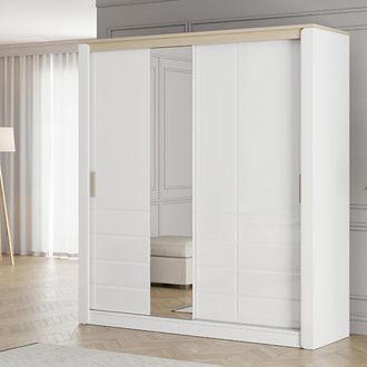 Dmora Guardarropa 2 Puertas Lunenb, Armario Dormitorio 5 Estantes, Perchero, Apertura Corrediza, 199x217h Cm Blanco Mate