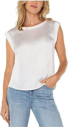 Liverpool L.A. Petite Sleeveless Woven to Knit Top Womens Clothing Whipped Cream : PXL, Polyester