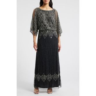 Pisarro Nights Beaded Cold Shoulder Blouson Cocktail Dress in Black/Silver at Nordstrom, Size 14