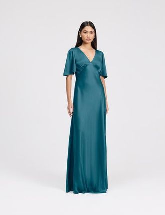 Ghost London Arabella Angel Sleeve Satin Maxi Dress in Emerald at Nordstrom, Size 12