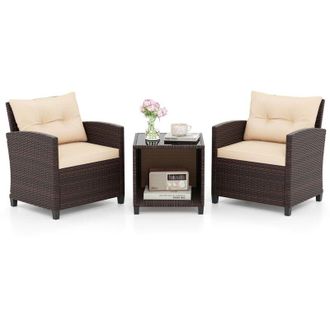 Costway Set Salotto da Giardino da 3 Pezzi, con 2 Sedie e Tavolo da Caff&egrave; in Vetro, Divanetto in Rattan con Cuscini per Seduta e Schienale, Set da