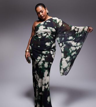Asos Curve ASOS DESIGN Curve one-shoulder bias maxi in abstract print-Multi