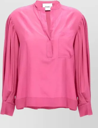 Nude silk v-neck long-sleeve blouse
