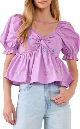 English Factory Floral Embroidered Puff Sleeve Babydoll Top in Purple Multi at Nordstrom Rack, Size Medium