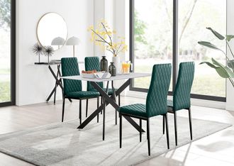 Furniturebox Leonardo White Glass Marble Effect Black Leg Table & 4 Velvet Milan Black Leg Chairs in Green