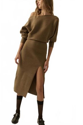 Promesa Rib-Knit One-Shoulder Dolman Midi Sweater Dress In Olive Brown