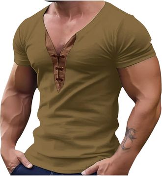 Generic Deep V Neck T Shirt for Men Low Cut Stretch Tee Invisible Vee Top Short Sleeve t Shirts for Men UK Clothing Tops Plain Cotton Blend tee Shirts Quality