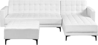 Beliani Left Hand Corner Sofa Bed White Faux Leather Tufted Modern L-Shaped Modular 4 Seater with Ottoman Chaise Longue ABERDEEN