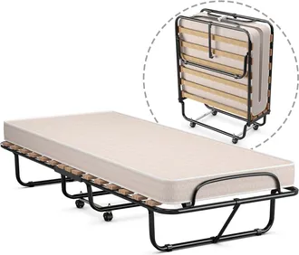 Costway Cama Plegable 80 X 190 Cm, 4 Ruedas, Cama Supletoria Plegable Con Colch&oacute;n De Espuma Viscoel&aacute;stica De 10 Cm, Marco Met&aacute;lico, Cama Individual Port&aacute;til P