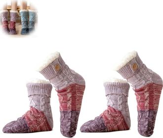 Generic Ultra-thick Slipper Home Socks for Women,Tri-color Knit Patchwork Non-Slip Warm floor socks,Cozy Fuzzy Lined (1, pink)