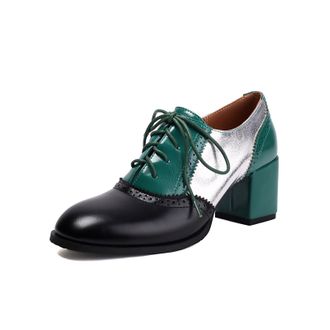 Generic Womens High Heeled Wingtips Oxford Shoes Lace-Up Vintage Brogues Chunky Block Heel Work Shoes,Black,6.5 UK