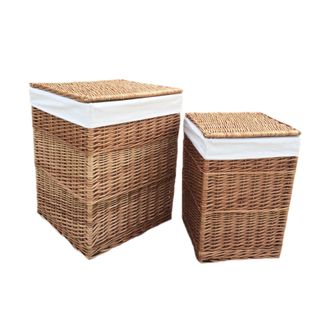 Red Hamper Set of 2 Cotton Lined Light Steamed Square Laundry Baskets in Natural