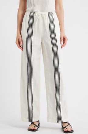 Madewell Linen Blend Pull-On Pants in Bold Placement Stripe Black at Nordstrom, Size Xx-Small