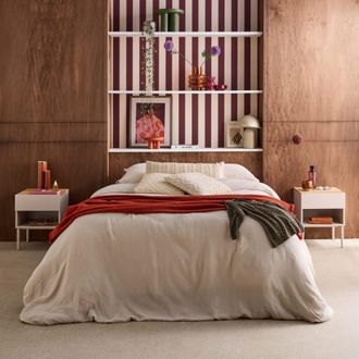 Sweeek Mesitas de noche de metal y decoraci&oacute;n de madera,1 caj&oacute;n, 1 nicho, set