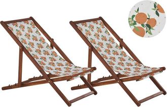 Beliani Conjunto De 2 Tumbonas De Jard&iacute;n De Madera De Acacia Oscura Blanco/naranja/verde Naranjas Reclinable Plegable Anzio