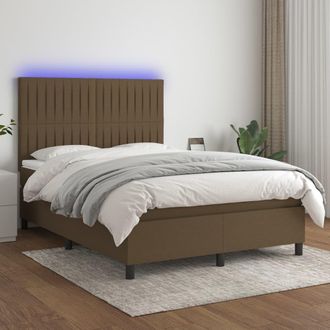 vidaXL Cama Box Spring Colch&oacute;n Luces Led Tela Marr&oacute;n Oscuro 140x200cm Vidaxl