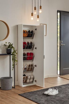 Dmora Zapatero Ciclamino, Mueble Recibidor Multiusos Con Puerta De Espejo, Zapatero Moderno Con 5 Baldas, 100% Made In Italy, Cm 50x18h178, Blanco, Con Emba