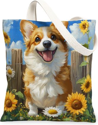 Generic Spring Corgi Dog Canvas Tote Bag for Shopping 13x15, Sunflower Fence Puppy Reusable Grocery Print Bag for Women, Farmhouse Pet Beach Aesthetic Paintin