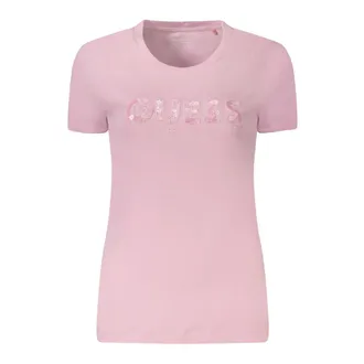 Guess T-Shirts, female, Pink, Size: S Crewneck Sequin Tee
