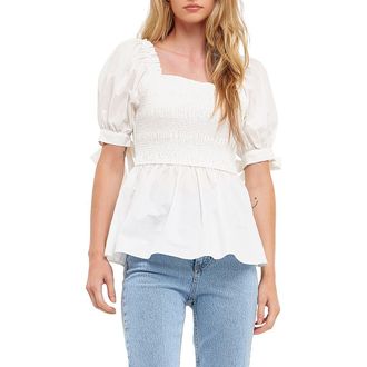 English Factory Smocked Tie Cuff Peplum Top in Ivory at Nordstrom Rack, Size X-Small