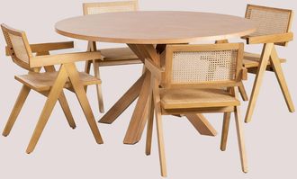 Sklum Set De Mesa De Comedor Redonda En Mdf (&oslash;140 Cm) Pleven Y 4 Sillas Con Reposabrazos En Madera De Fresno Y Rat&aacute;n Lali Style Sklum