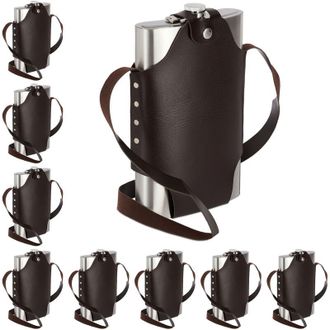 Relaxdays 9 Petacas Xxl Con Funda, Cantimploras, Acero Inoxidable Y Cuero Sint&eacute;tico, 1,8 L, Plateado Y Marr&oacute;n