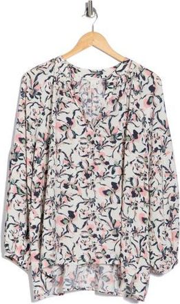 Caslon Floral Long Sleeve Popover Top in Ivory- Pink Navy Iris Flower at Nordstrom Rack, Size 3X
