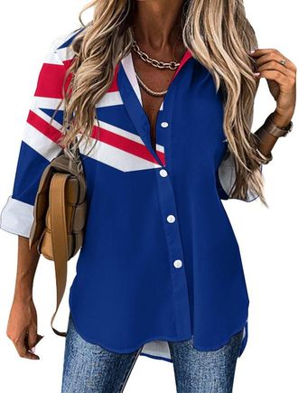 Generic Bear Proud Flag of Australia Womens Blouses Button Down Long Sleeve Shirts V Neck Loose Business Casual Top