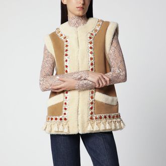 Valentino Gilet color cammello in shearling e suede