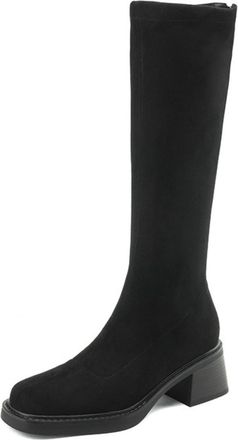 Generic Womens Knee-High Suede Fabric Boots Square Toe Side Zipper Low Block Heels Soft Lining Cushioned Insole Reinforced Stitching Durable,Black,5.5 UK