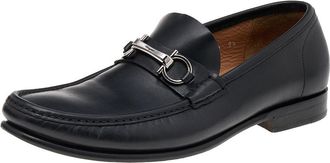 Ferragamo Black Leather Gancio Slip On Loafers