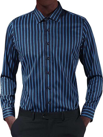 Generic Mens Shirts Long Sleeve Striped Shirt Wrinkle Free Regular Fit T-Shirt Casual Button Down Tops Business Office Blouse Playeras Blancas(Blue, XL)