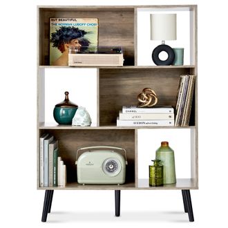 Best Choice Products 3-Tier Mid-Century Modern Wooden Bookcase w/ Removable Back Panels, Offset Pine Legs