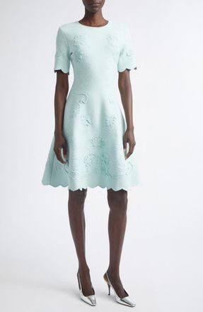 Oscar De La Renta Hibiscus Jacquard Knit Fit & Flare Dress in Saltwater at Nordstrom, Size X-Small